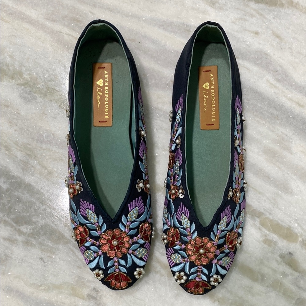 Anthropologie Navy Embroidered Flats